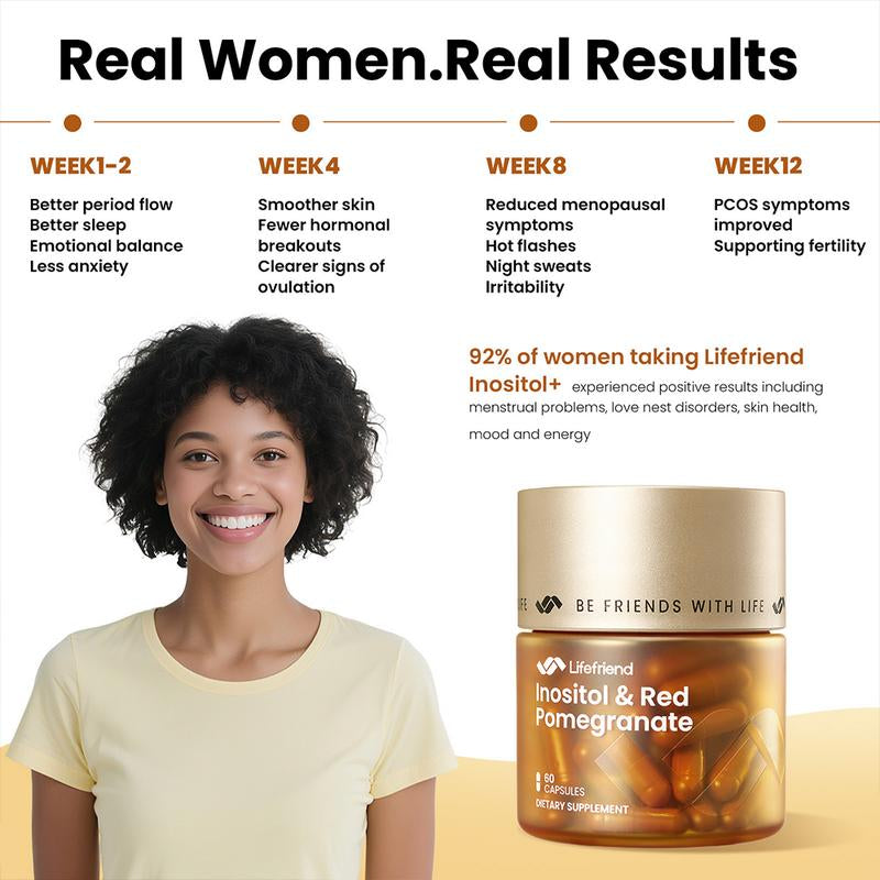 Lifefriend PCOS Supplement for Women - Myo-Inositol & D-Chiro Inositol 40:1 Pomegranate PQQ & L-Ergothioneine - Fertility Hormonal Balance & Ovarian Health Support - 60 Vegan Capsules