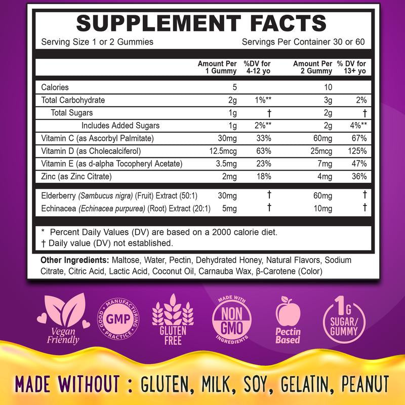Center-Filled Elderberry Gummies Immunity Support - Real Honey Immune Supplement for Kids, Teens & Adults with Vitamin C, Echinacea, and Zinc, Lemon-Honey and Elderberry Flavor - 60 CT