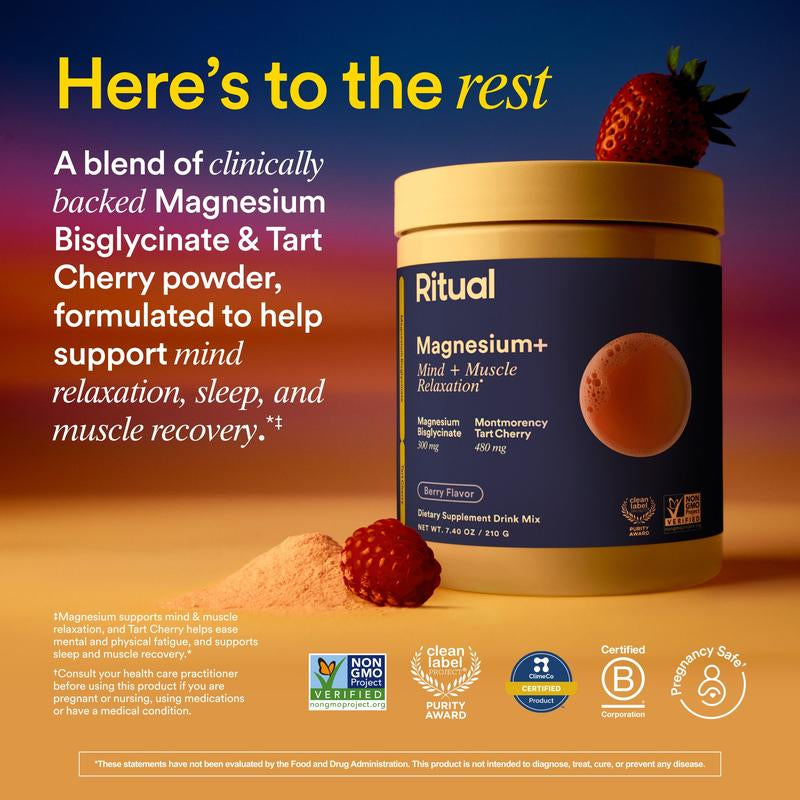Ritual Magnesium+ Drink Mix Supplement with Tart Cherry - 30 Servings, 300Mg Magnesium Bisglycinate & 480Mg Montmorency Tart Cherry, Sugar-Free Berry Flavor