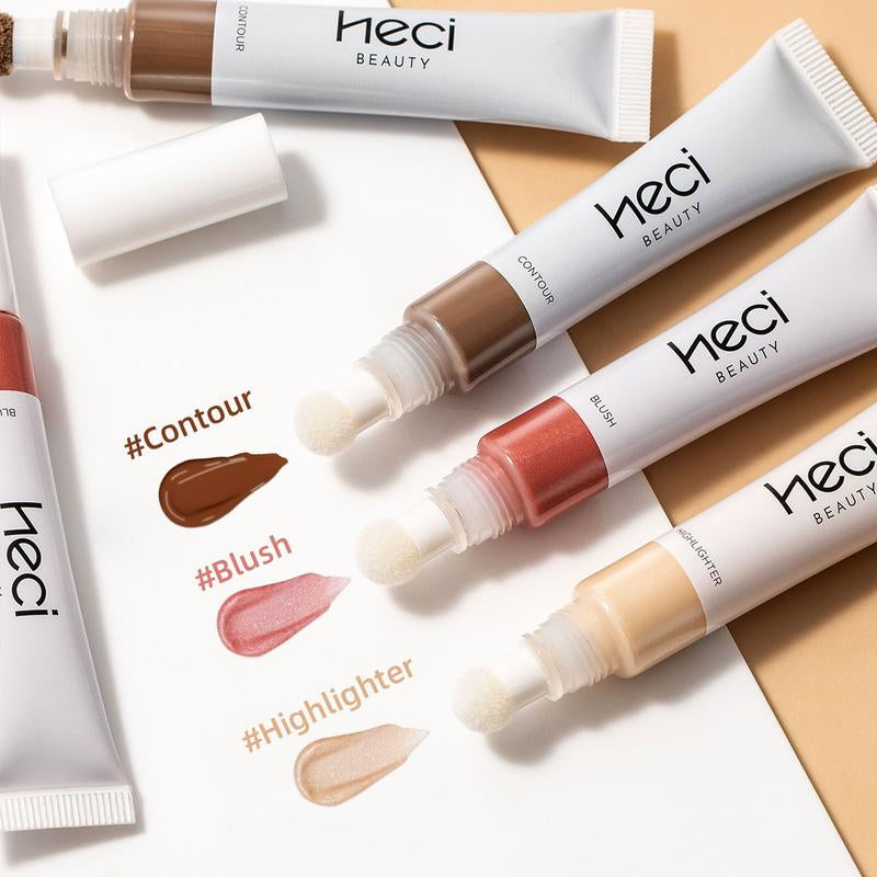 HECI BEAUTY 3-in-1 Watery Blush, Bronzer & Highlighter Set – Long-Lasting Liquid Makeup Sticks with Built-In Sponge for a Natural Shimmer Glow (3 pcs)