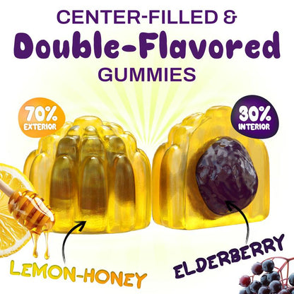 Center-Filled Elderberry Gummies Immunity Support - Real Honey Immune Supplement for Kids, Teens & Adults with Vitamin C, Echinacea, and Zinc, Lemon-Honey and Elderberry Flavor - 60 CT