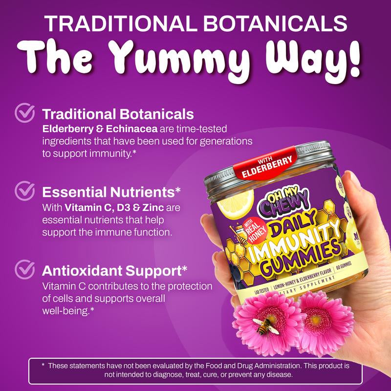 Center-Filled Elderberry Gummies Immunity Support - Real Honey Immune Supplement for Kids, Teens & Adults with Vitamin C, Echinacea, and Zinc, Lemon-Honey and Elderberry Flavor - 60 CT
