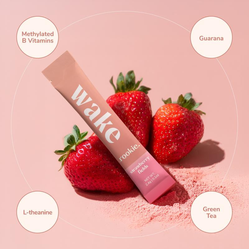 Rookie Wake - Energy & Mood Support, Strawberry Fields Flavor, with Ashwagandha, Green Tea Caffeine, B Vitamins, Sugar-Free, Natural Energizer Antioxidant Drink Beverage Sport