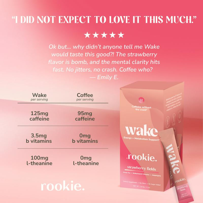 Rookie Wake - Energy & Mood Support, Strawberry Fields Flavor, with Ashwagandha, Green Tea Caffeine, B Vitamins, Sugar-Free, Natural Energizer Antioxidant Drink Beverage Sport