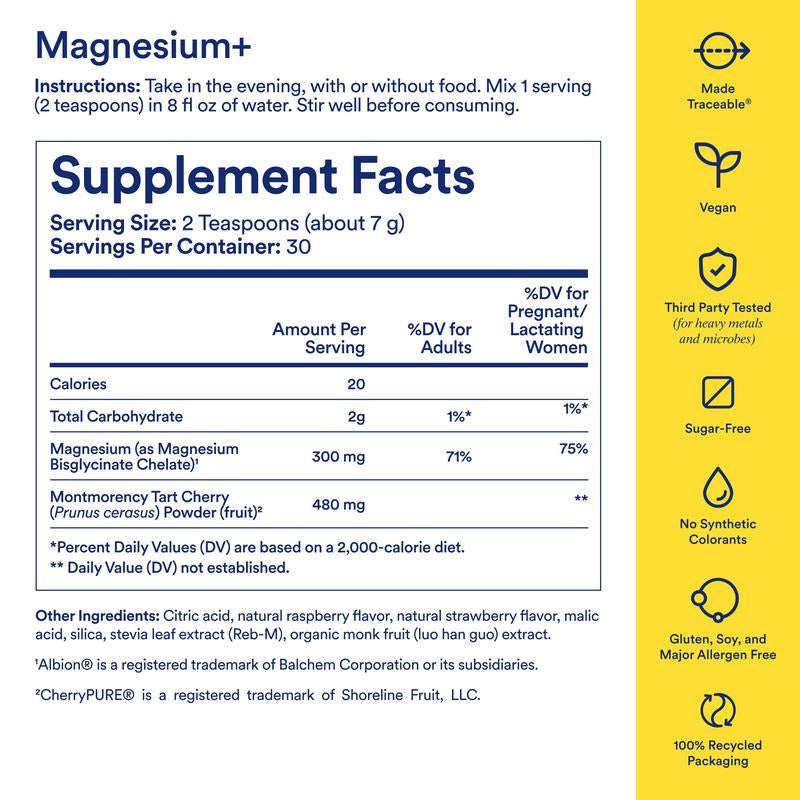 Ritual Magnesium+ Drink Mix Supplement with Tart Cherry - 30 Servings, 300Mg Magnesium Bisglycinate & 480Mg Montmorency Tart Cherry, Sugar-Free Berry Flavor