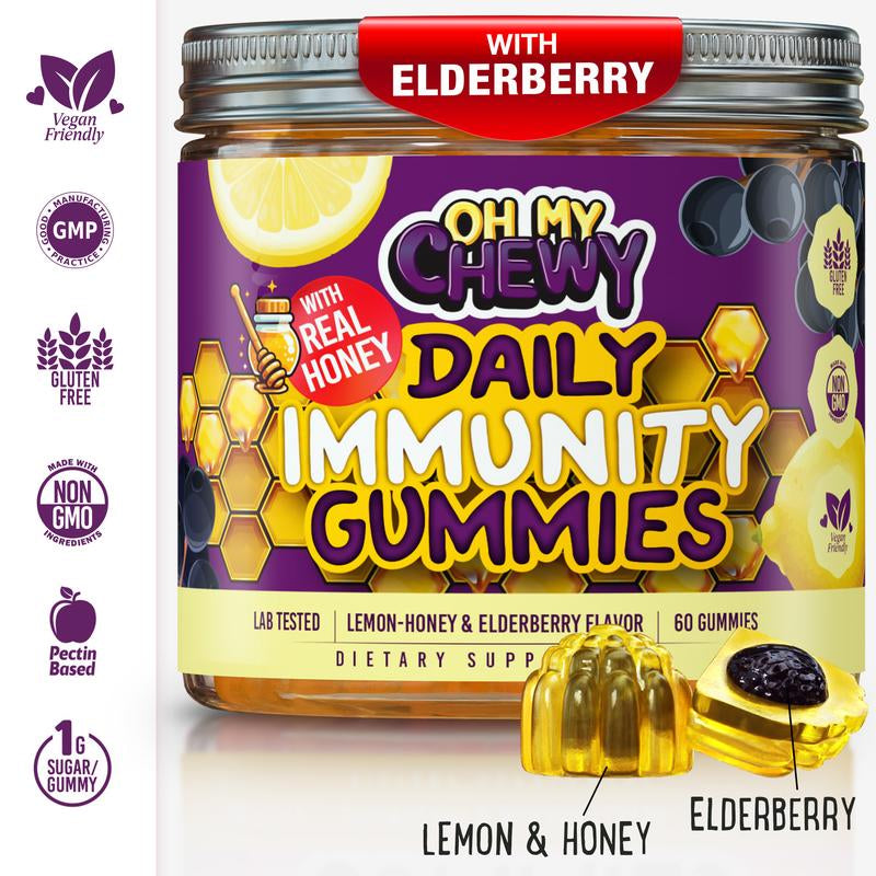Center-Filled Elderberry Gummies Immunity Support - Real Honey Immune Supplement for Kids, Teens & Adults with Vitamin C, Echinacea, and Zinc, Lemon-Honey and Elderberry Flavor - 60 CT