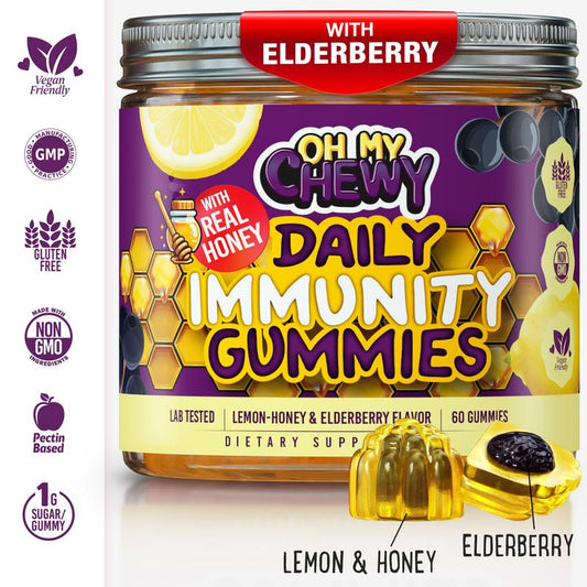 Center-Filled Elderberry Gummies Immunity Support - Real Honey Immune Supplement for Kids, Teens & Adults with Vitamin C, Echinacea, and Zinc, Lemon-Honey and Elderberry Flavor - 60 CT