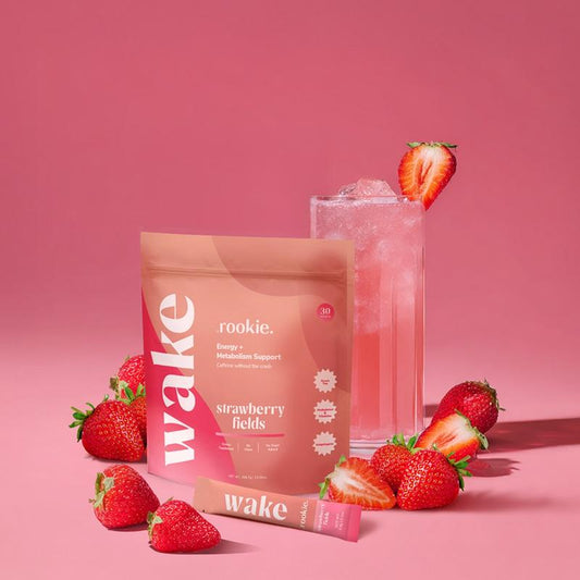 Rookie Wake - Energy & Mood Support, Strawberry Fields Flavor, with Ashwagandha, Green Tea Caffeine, B Vitamins, Sugar-Free, Natural Energizer Antioxidant Drink Beverage Sport
