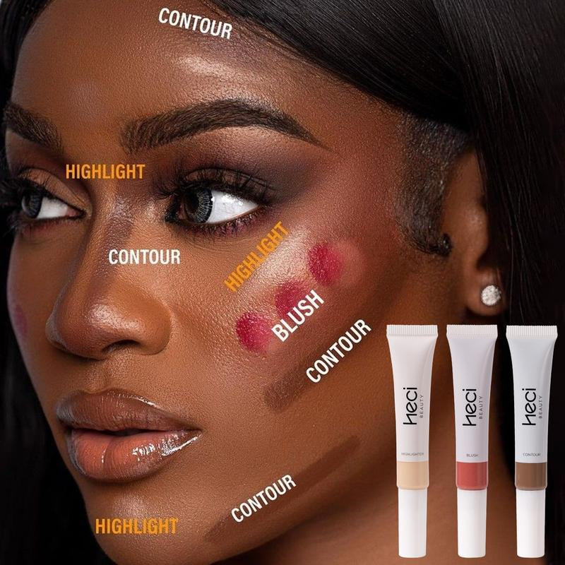 HECI BEAUTY 3-in-1 Watery Blush, Bronzer & Highlighter Set – Long-Lasting Liquid Makeup Sticks with Built-In Sponge for a Natural Shimmer Glow (3 pcs)