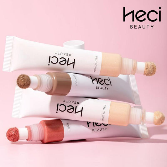HECI BEAUTY 3-in-1 Watery Blush, Bronzer & Highlighter Set – Long-Lasting Liquid Makeup Sticks with Built-In Sponge for a Natural Shimmer Glow (3 pcs)