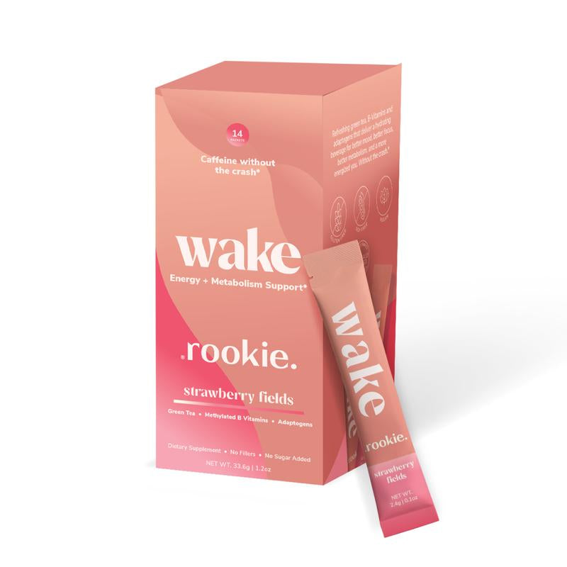 Rookie Wake - Energy & Mood Support, Strawberry Fields Flavor, with Ashwagandha, Green Tea Caffeine, B Vitamins, Sugar-Free, Natural Energizer Antioxidant Drink Beverage Sport