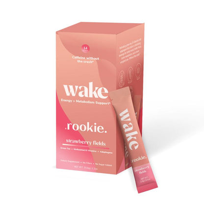 Rookie Wake - Energy & Mood Support, Strawberry Fields Flavor, with Ashwagandha, Green Tea Caffeine, B Vitamins, Sugar-Free, Natural Energizer Antioxidant Drink Beverage Sport