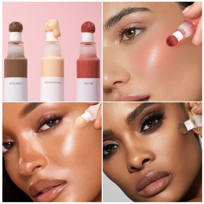 HECI BEAUTY 3-in-1 Watery Blush, Bronzer & Highlighter Set – Long-Lasting Liquid Makeup Sticks with Built-In Sponge for a Natural Shimmer Glow (3 pcs)