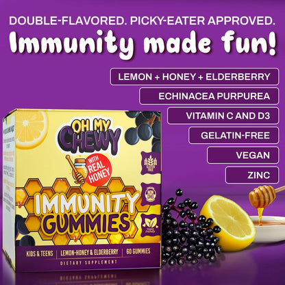 Center-Filled Elderberry Gummies Immunity Support - Real Honey Immune Supplement for Kids, Teens & Adults with Vitamin C, Echinacea, and Zinc, Lemon-Honey and Elderberry Flavor - 60 CT