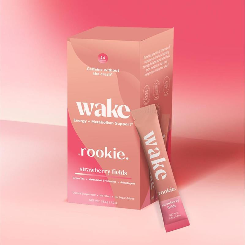 Rookie Wake - Energy & Mood Support, Strawberry Fields Flavor, with Ashwagandha, Green Tea Caffeine, B Vitamins, Sugar-Free, Natural Energizer Antioxidant Drink Beverage Sport