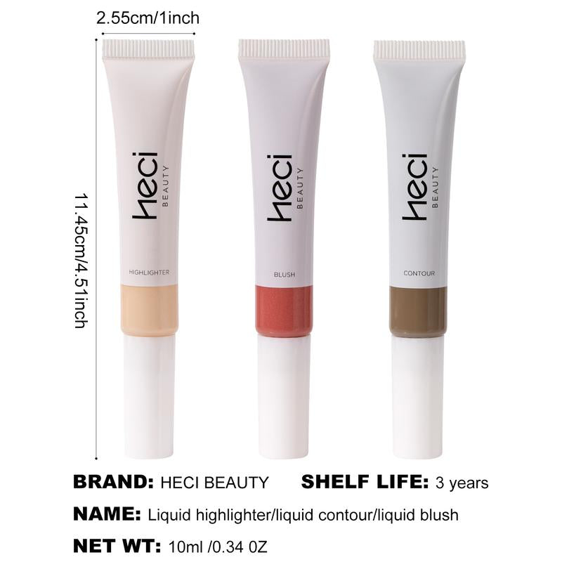 HECI BEAUTY 3-in-1 Watery Blush, Bronzer & Highlighter Set – Long-Lasting Liquid Makeup Sticks with Built-In Sponge for a Natural Shimmer Glow (3 pcs)