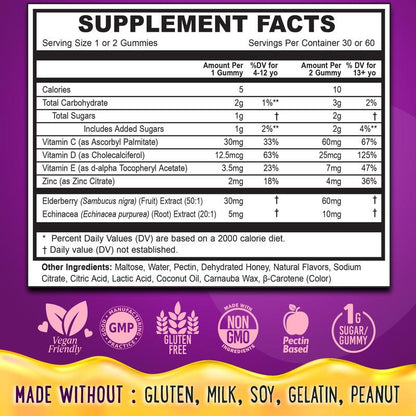 Center-Filled Elderberry Gummies Immunity Support - Real Honey Immune Supplement for Kids, Teens & Adults with Vitamin C, Echinacea, and Zinc, Lemon-Honey and Elderberry Flavor - 60 CT