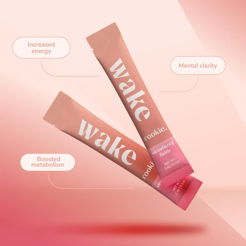 Rookie Wake - Energy & Mood Support, Strawberry Fields Flavor, with Ashwagandha, Green Tea Caffeine, B Vitamins, Sugar-Free, Natural Energizer Antioxidant Drink Beverage Sport