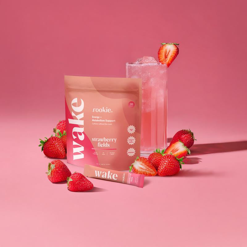 Rookie Wake - Energy & Mood Support, Strawberry Fields Flavor, with Ashwagandha, Green Tea Caffeine, B Vitamins, Sugar-Free, Natural Energizer Antioxidant Drink Beverage Sport