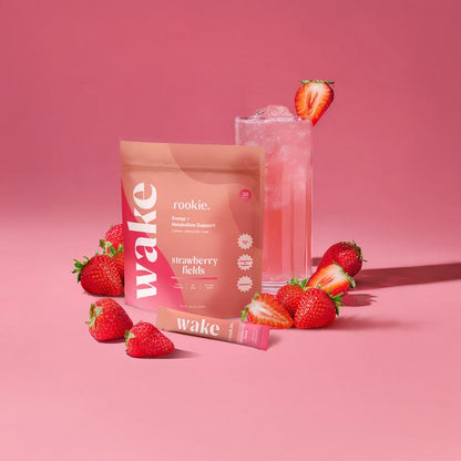 Rookie Wake - Energy & Mood Support, Strawberry Fields Flavor, with Ashwagandha, Green Tea Caffeine, B Vitamins, Sugar-Free, Natural Energizer Antioxidant Drink Beverage Sport