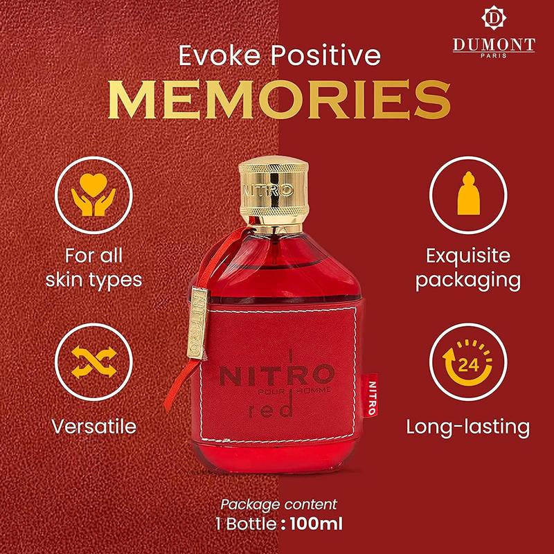 DUMONT NITRO RED - 3.4Oz - Eau De Parfum - Luxury Perfume for Men - Fruit, Woody, Floral & Masculine Fragrance - Long Lasting Cologne Mist & Body Spray - for Him
