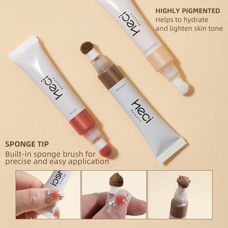 HECI BEAUTY 3-in-1 Watery Blush, Bronzer & Highlighter Set – Long-Lasting Liquid Makeup Sticks with Built-In Sponge for a Natural Shimmer Glow (3 pcs)