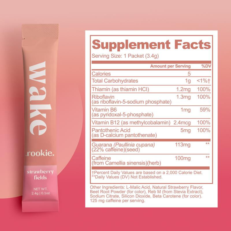 Rookie Wake - Energy & Mood Support, Strawberry Fields Flavor, with Ashwagandha, Green Tea Caffeine, B Vitamins, Sugar-Free, Natural Energizer Antioxidant Drink Beverage Sport