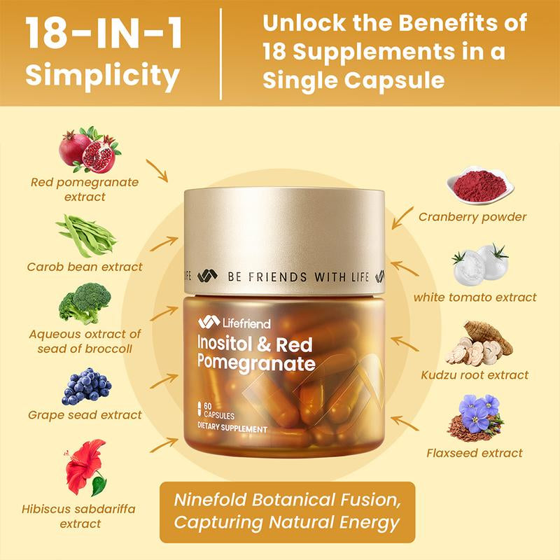 Lifefriend PCOS Supplement for Women - Myo-Inositol & D-Chiro Inositol 40:1 Pomegranate PQQ & L-Ergothioneine - Fertility Hormonal Balance & Ovarian Health Support - 60 Vegan Capsules