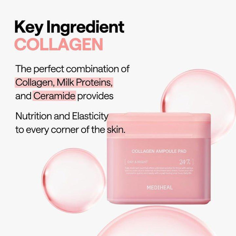 Mediheal Collagen Ampoule Toner Pad Firming Vegan Pads with Collagen & Ceramide for Wrinkle Care K Beauty 100 Pads Jar